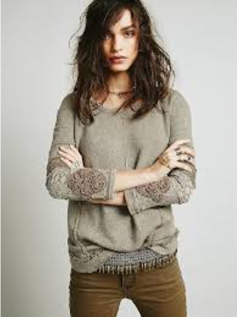 Free People Olive Green Knit Sweater with Embroidered Elbow Details - Picture 2 of 7